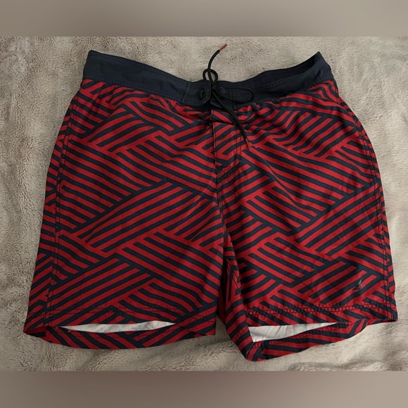 Nautica Mens Swim Trunks Size L Maroon Blue Geometric Stripe - Picture 1 of 3